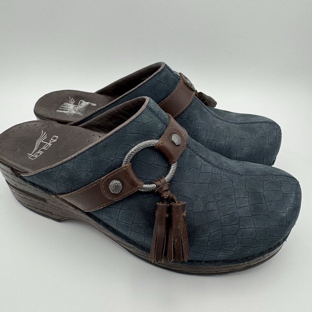 Women's Dansko Shandi Blue Suede Platform Clogs Tassel 37 EU 6.5 US